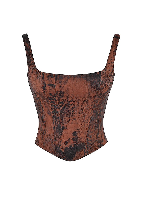 antikes langes korsett aus satin in kupfer
