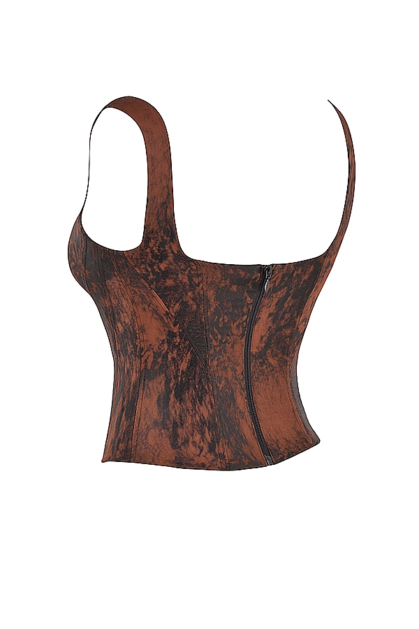 antikes langes korsett aus satin in kupfer