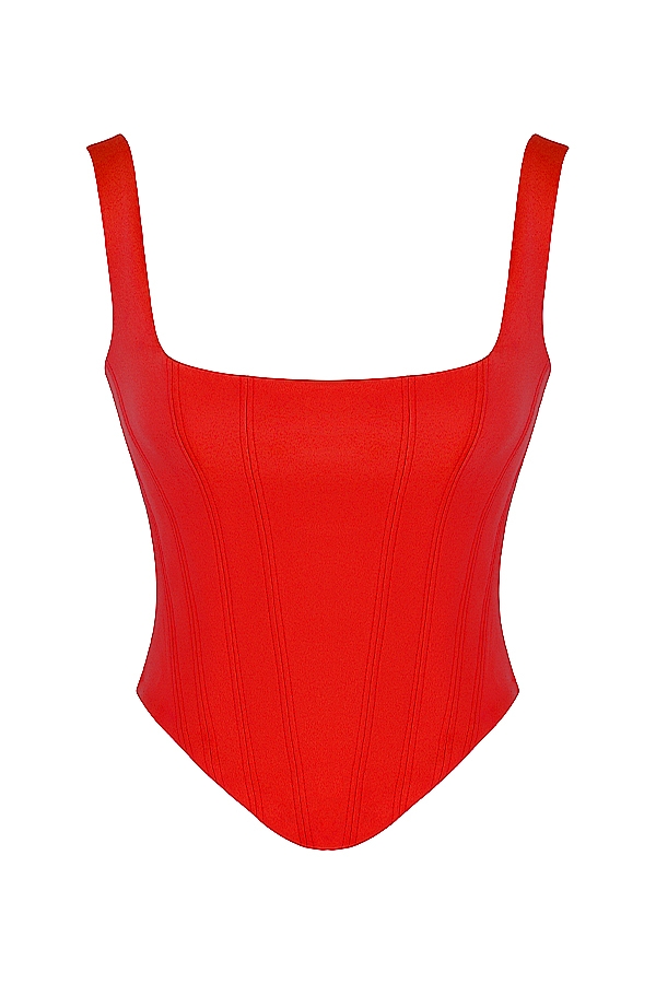 langes korsett aus scharlachrotem satin
