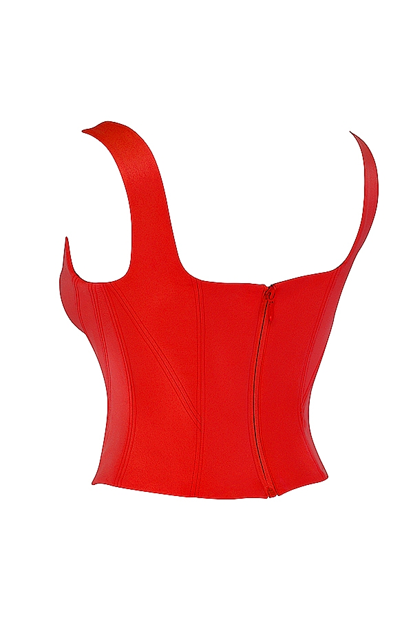 langes korsett aus scharlachrotem satin