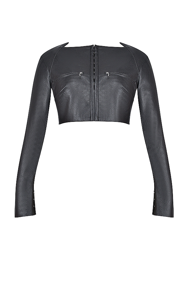 schwarzes kurzes top aus veganem leder