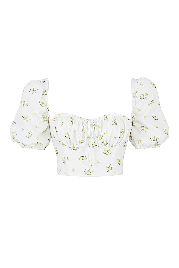 kurzes top in elfenbein mit blumenmuster und puffärmeln
