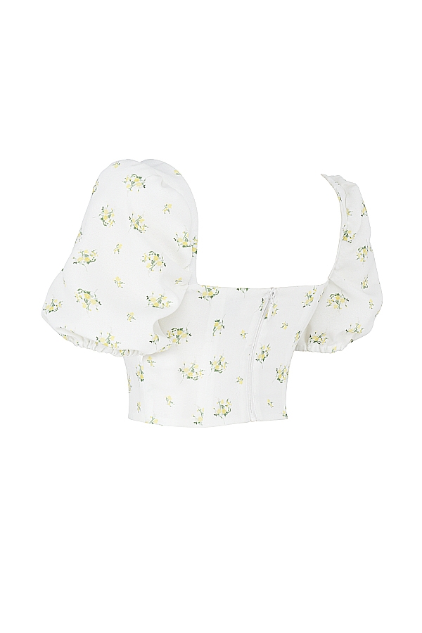 kurzes top in elfenbein mit blumenmuster und puffärmeln