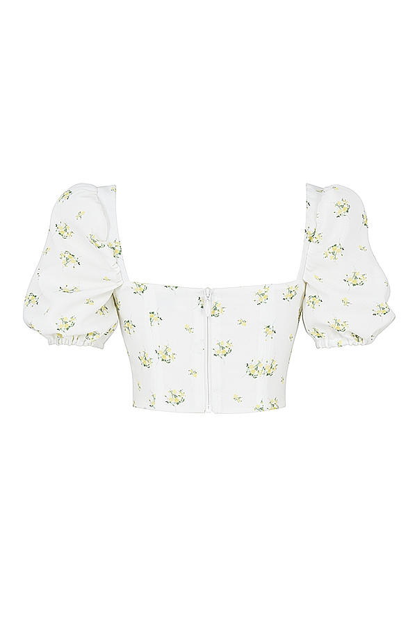 kurzes top in elfenbein mit blumenmuster und puffärmeln