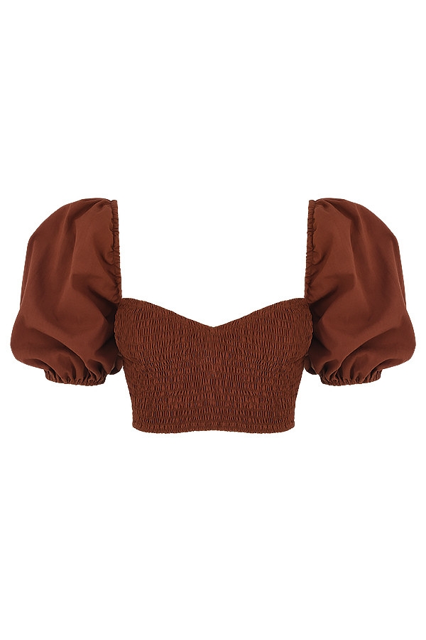 kakaofarbenes cropped-top mit puffärmeln