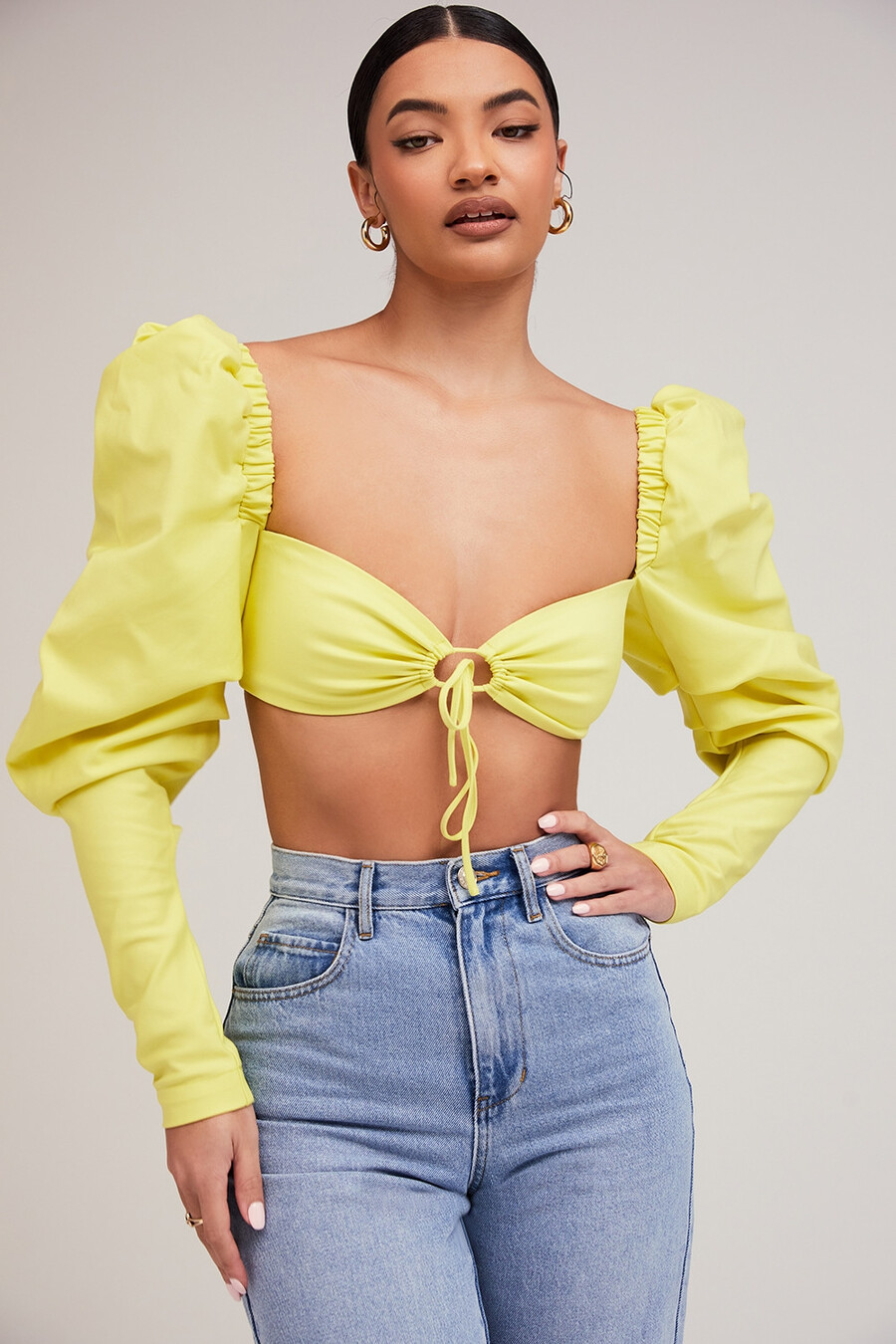 mistress rocks zitronengelbes cropped top mit puffärmeln