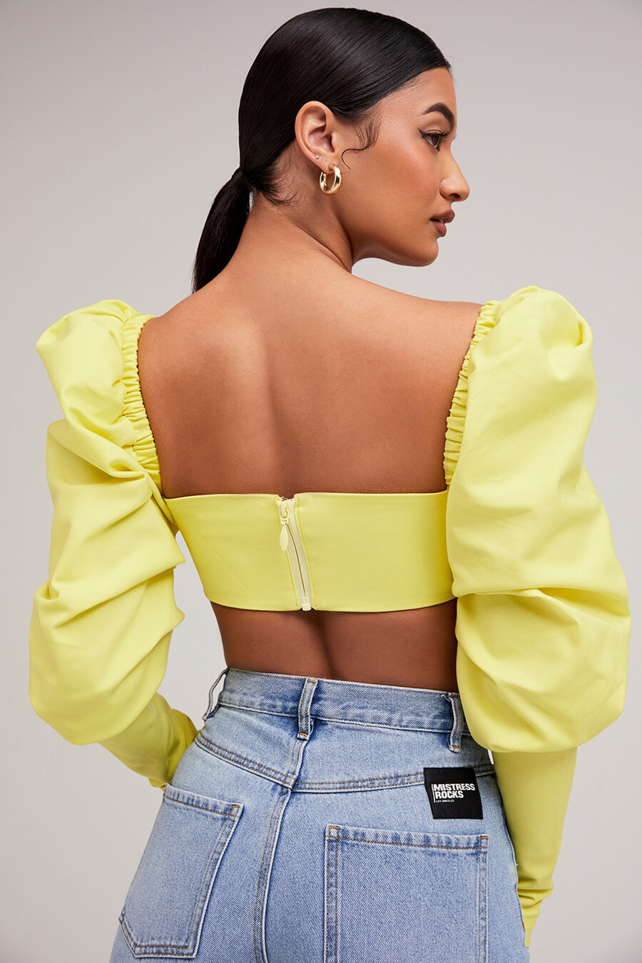 mistress rocks zitronengelbes cropped top mit puffärmeln