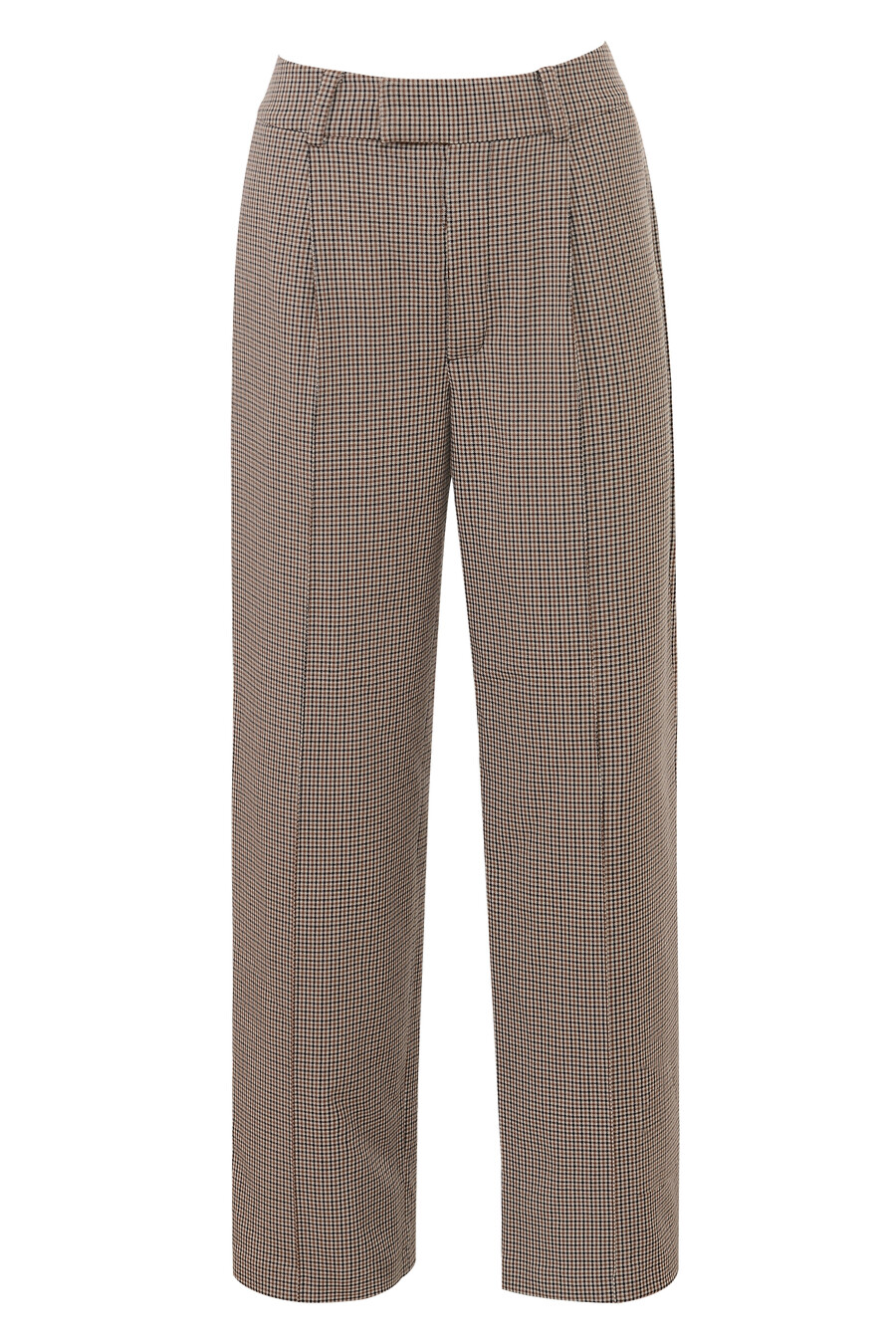 braune taillierte hose mit hahnentrittmuster weitem bein und hohem bund