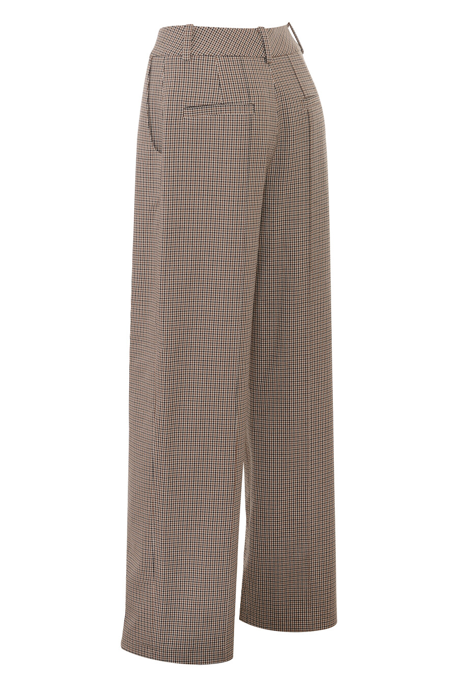 braune taillierte hose mit hahnentrittmuster weitem bein und hohem bund