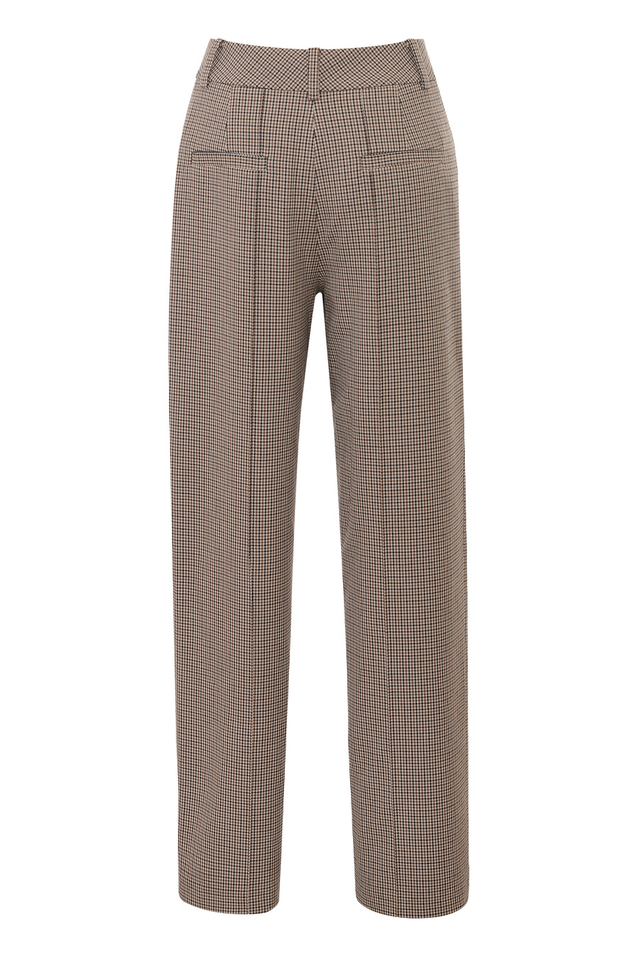 braune taillierte hose mit hahnentrittmuster weitem bein und hohem bund