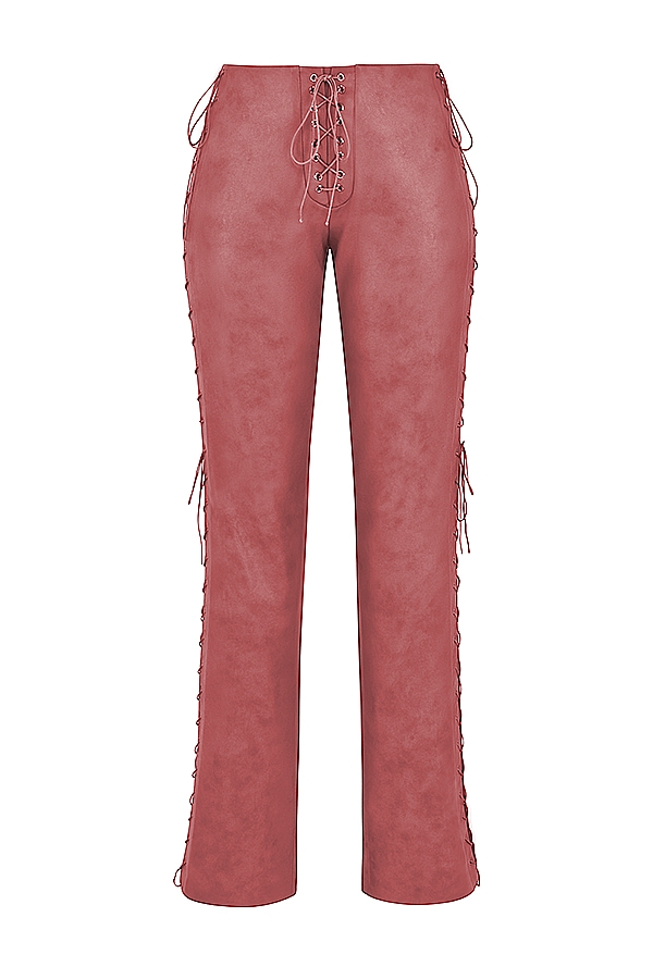 warmrosa schnürhose aus veganem leder